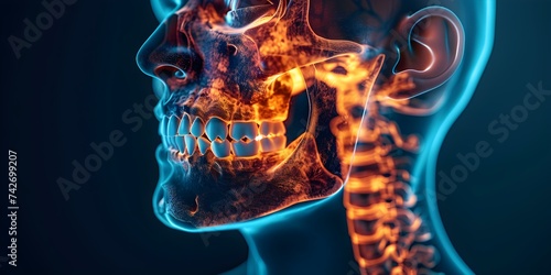 Illustration showcasing a discomforting temporomandibular joint issue in digital format. Concept Medical Illustration, Temporomandibular Joint, Discomfort, Digital Art, Anatomical Drawing photo