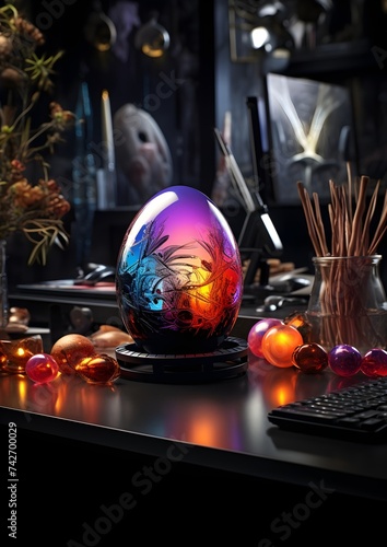Colorful easter eggs in a wooden bowl on a black background. Painted Easter eggs on a table in a dark room. Easter concept.. Generative AI