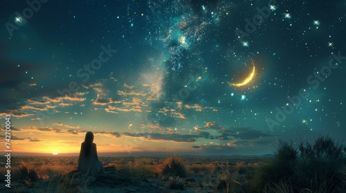 The girl looks at the starry sky in the desert. 3d rendering