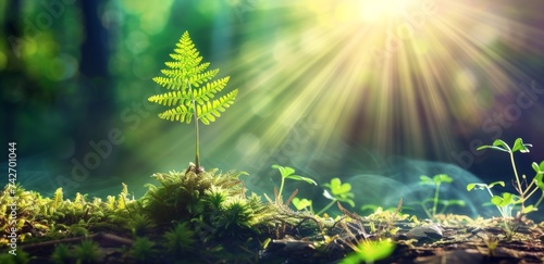 Amidst the sun-kissed grass, a vibrant green plant emerges from the earth, thriving in the embrace of nature's beauty photo