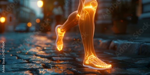 A D render of a man running with highlighted painful knee. Concept 3D rendering, Running man, Highlighted knee pain photo