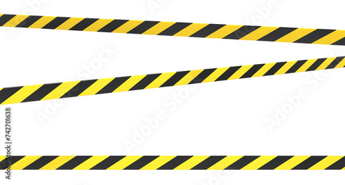 Warning tape and police line. Black and yellow line striped. Warning danger tape. Restriction tapes 3d rendering © Aozora