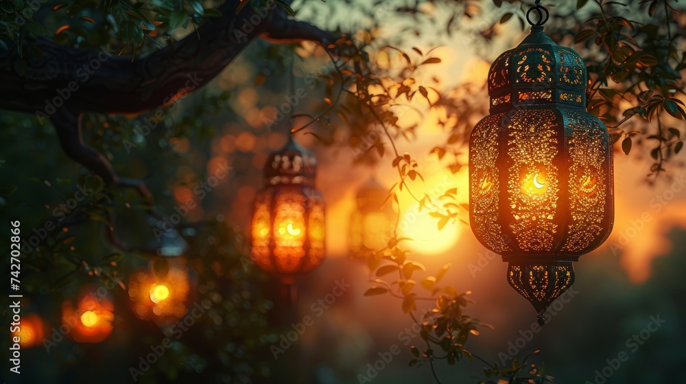 Lanterns in the garden at sunset. Ramadan Kareem.