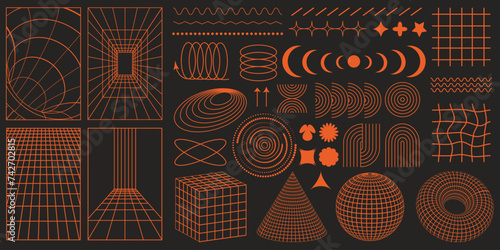 Rave psychedelic retro futuristic set. Surreal geometric shapes, abstract backgrounds and patterns, wireframe, cyberpunk elements and perspective grids. Vector elements and signs in trendy psychedelic photo