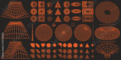Rave psychedelic retro futuristic set. Surreal geometric shapes, abstract backgrounds and patterns, wireframe, cyberpunk elements and perspective grids. Vector elements and signs in trendy psychedelic
