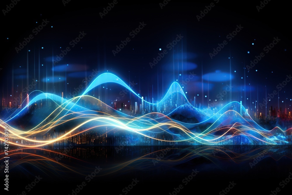 Fototapeta premium Abstract Light Waves with Cityscape Silhouette Background.