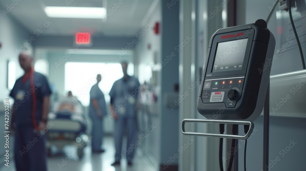 A photo of a sleek, modern defibrillator by an electrical company, prominently displayed in a well-lit emergency room. A photo of a sleek, modern defibrillator by an electrical company, prominently displayed in a well-lit emergency room.