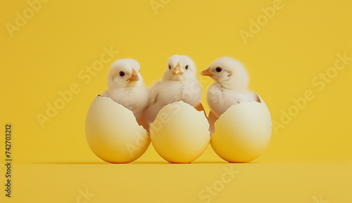Adorable trio of newborn chicks nestled within their eggshells against a bright yellow background, capturing the essence of spring and new beginnings © Viktoria Kovalchuk
