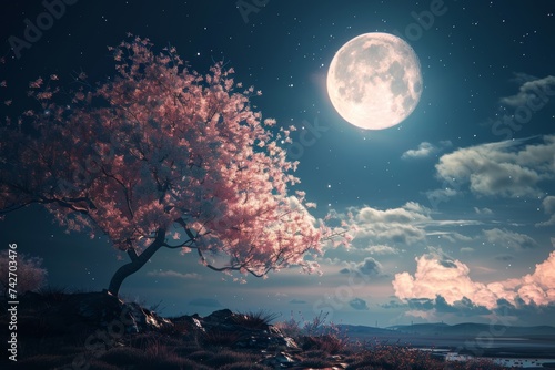 A majestic tree adorned with delicate pink blooms stands atop a serene hill, silhouetted against the full moon as it illuminates the mystical landscape below © Radomir Jovanovic