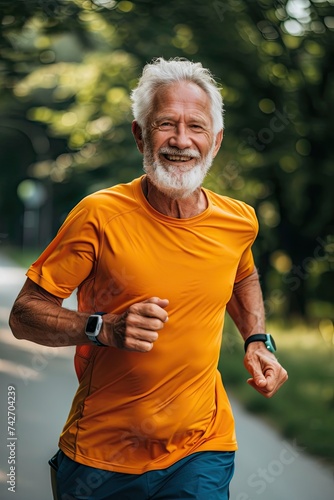a smiling and happy old elderly senior athletic sports man running on walking track outdoors doing physical activity for health and fitness