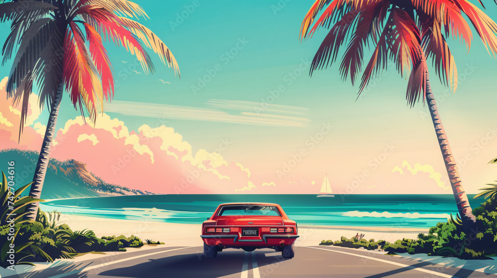 Road with car, sea, and palms.