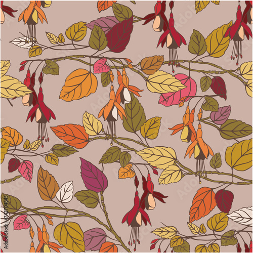 Autumn branches and leaves  hand drawn. Forest plants. vector seamless pattern