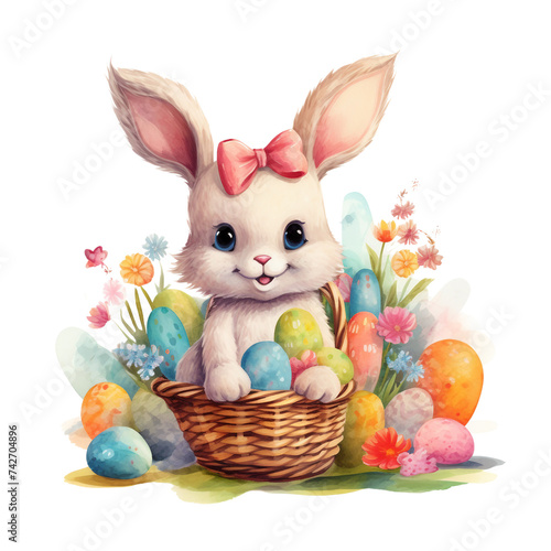 A watercolor illustration of a cute Easter bunny in a basket, surrounded by colorful decorated eggs and spring flowers.  © Janie