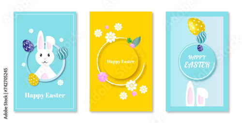Happy Easter banner. Vector design with typography, little chicken, colorful eggs and bunny. Modern minimal style. Vector poster, greeting card or header for website 