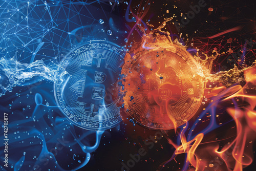 Symbolic Duality, Gold Bitcoin with Fire and Water Elements photo
