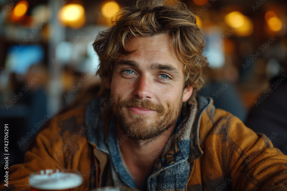 Smiling Man with Beer. Joyful moment captured of a man smiling beside a glass of beer. Smiling Man with Beer. Joyful moment captured of a man smiling beside a glass of beer.