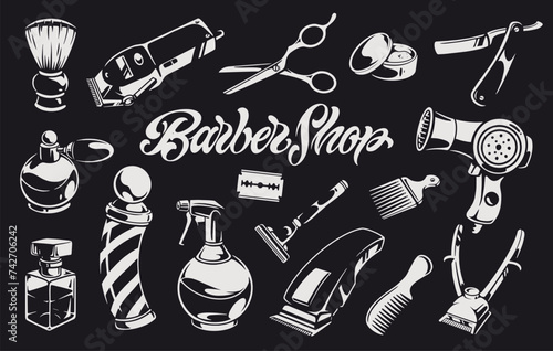 Barber shop monochrome set stickers