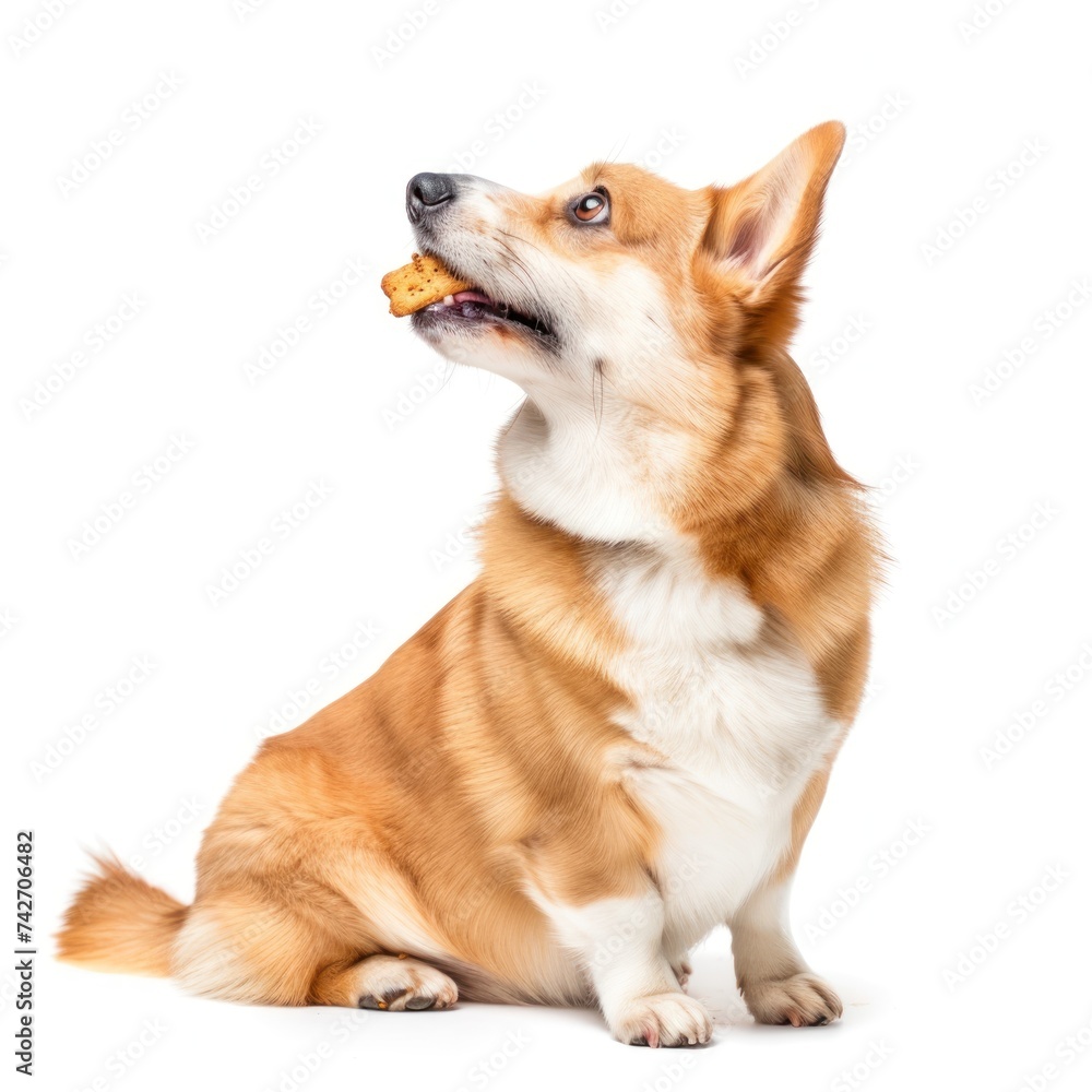 dog full body chewing eating snack treat on white background