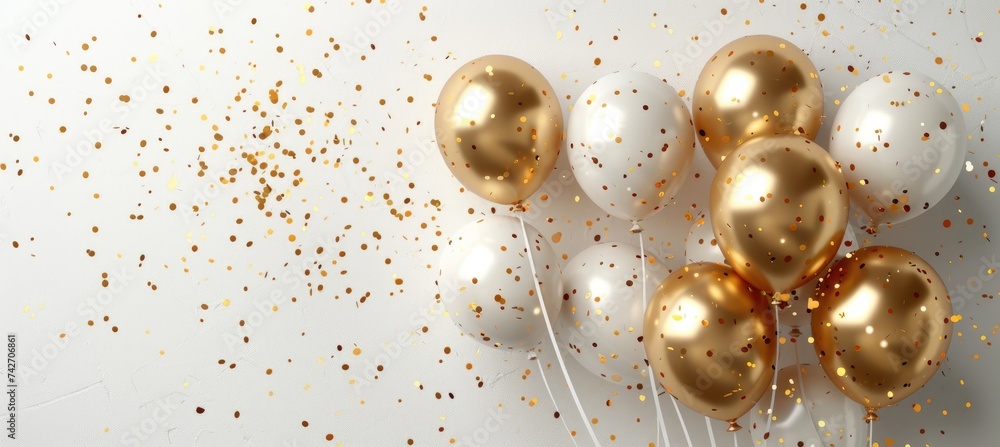 Gold balloons and sparkly confetti on a white background. Celebration Gold balloons and sparkly confetti on a white background. Celebration