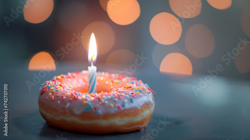 A donut  with a single candle  is seen against a grey background  the scene is captured with a bokeh effect  showcasing light azure and pink colors.