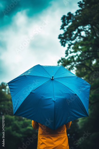 A blue umbrella  held by a person in a park under a cloudy sky  is presented  showcasing water drops and gesture.