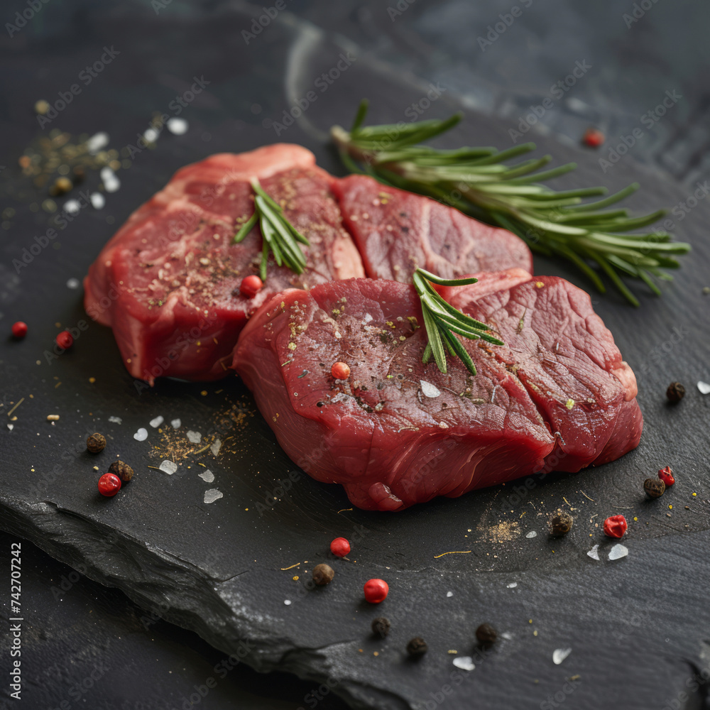 A beef steak, seasoned with spices, is presented on a slate tabletop, showcasing red and gray colors.