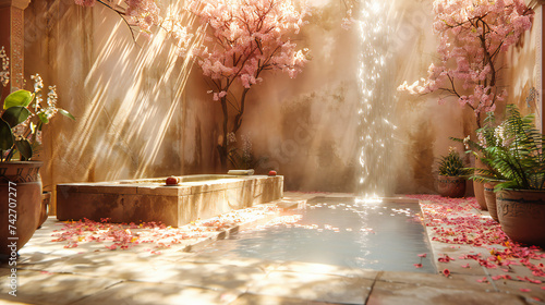 Dreamy Garden Fountain: Magical Waterfall and Stream in a Lush Park, Inviting Relaxation and Exploration
