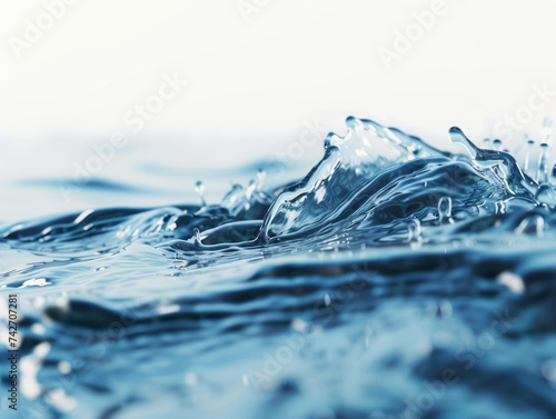 A close-up view of water flowing over blue water is presented, showcasing conceptual minimalism, precisionist lines, and a selective focus on the white background. photo