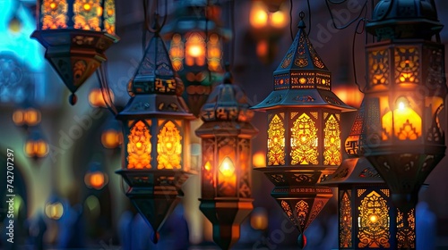 Decorated Arabic lanterns with lighted candles light up at night. Festive greeting card, invitation for the Muslim holy month of Ramadan Kareem - Eid Ul Fitr - generative ai