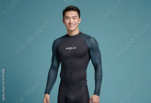 An athlete dressed in a sleek wetsuit prepares for a dive, his posture reflecting readiness and excitement for aquatic sports. © natakot