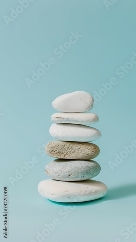 White sea pebble stone stack on light blue background. stack of White spa zen stones on light blue . Zen concept with copy space for text for web banner. Generative ai