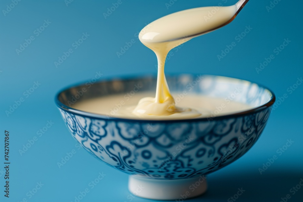 A spoon is seen pouring white sauce into a bowl on a blue background, showcasing childhood arcadias, raw vulnerability, unpolished authenticity, and light yellow and light amber colors. A spoon is seen pouring white sauce into a bowl on a blue background, showcasing childhood arcadias, raw vulnerability, unpolished authenticity, and light yellow and light amber colors.