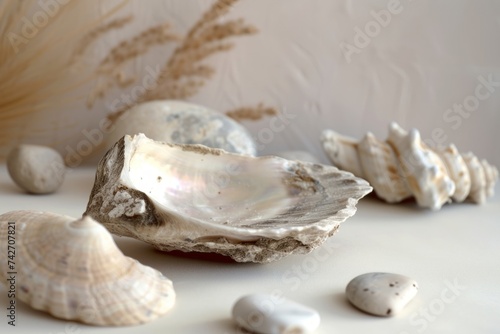 A piece of shell and rocks are placed on a white table, showcasing a smokey background, divinatory objects, talismans, and colors of light brown and beige.