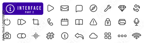 Basic user interface line icon set. Camera, lock, cloud, calendar, crop, refresh etc. Part 2