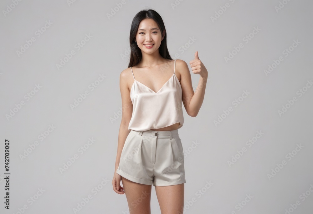 A smiling young woman in a casual tank top and shorts giving a thumbs up. The outfit and pose suggest a relaxed and friendly atmosphere. A smiling young woman in a casual tank top and shorts giving a thumbs up. The outfit and pose suggest a relaxed and friendly atmosphere.