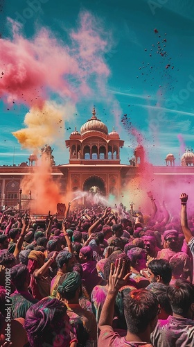 Crowd throwing bright coloured powder paint in the air. Happy holi indian festival celebration