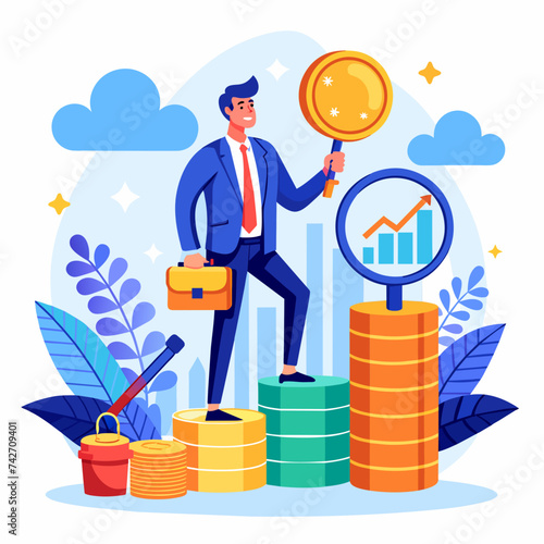 Businessman Analyzing Investment Opportunities with Magnifying Glass - Financial Analysis Concept