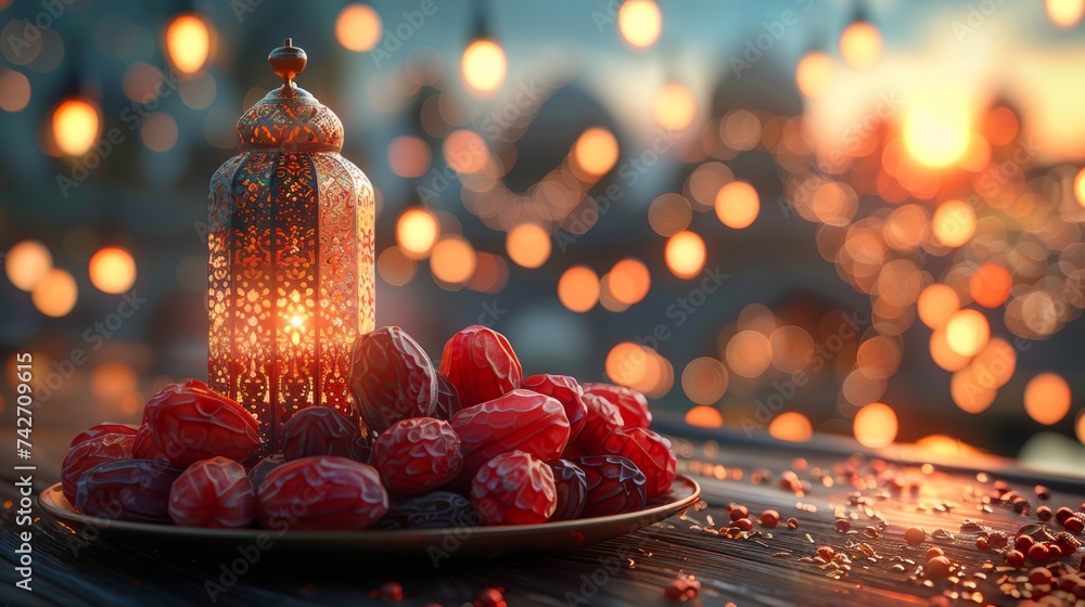 Ramadan Kareem greeting card with Arabic lantern and dates - obrazy, fototapety, plakaty 