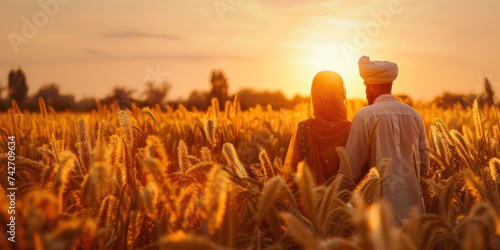Indian woman and man in a turban stand in the middle of a field with ears of wheat at sunset, the Baisakhi holiday
