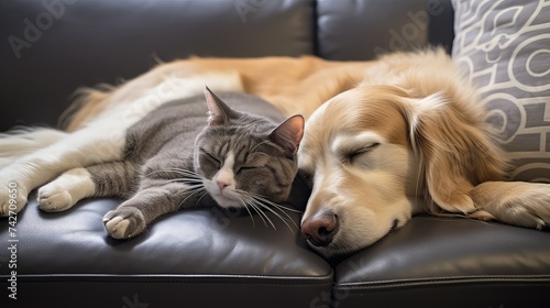 furry dog and cat on couch photo