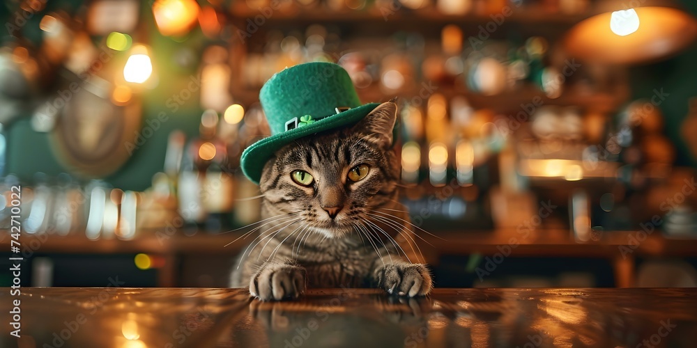 St Patrick's Day Bartending: A Gray Tabby Cat in a Green Hat. Concept St Patrick's Day, Bartending, Gray Tabby Cat, Green Hat