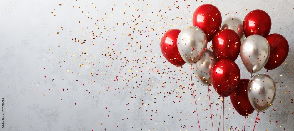 Gold and red balloons and sparkly confetti on a white background. Celebration Gold and red balloons and sparkly confetti on a white background. Celebration