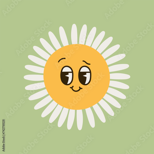 Collection of magnificent chamomile flowers. Retro daisy smiles in cartoon style. Set of happy 70s stickers. Vector graphic illustration in hippe style.