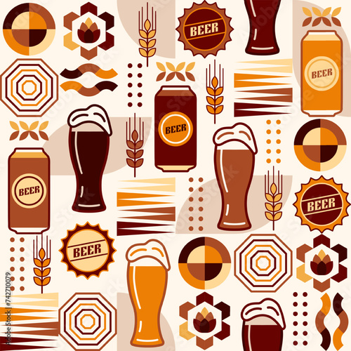 Seamless pattern with icons of beer glasses, beer can, abstract geometric shapes on white background. Good for branding, decoration of beer package, cover design, decorative print