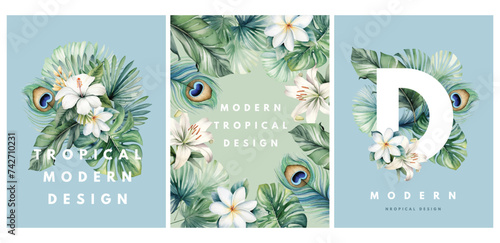 Floral vector watercolor frames and bouquets of tropical peacock feathers, leaves and flowers for greeting or invitation
