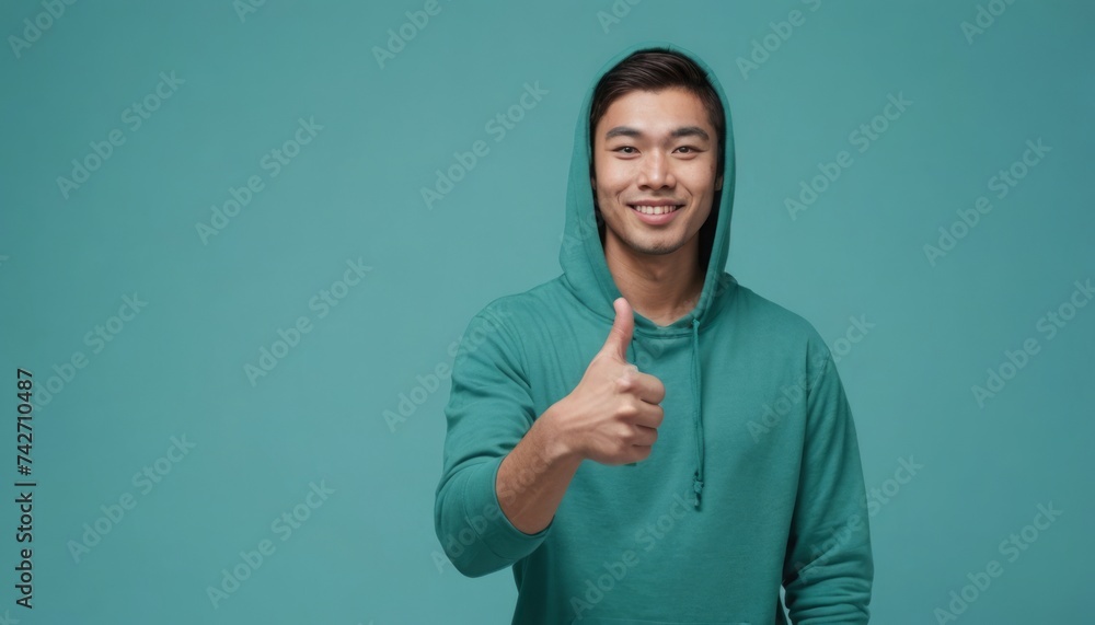 A man in a casual teal hoodie giving a thumbs up, with a blue backdrop exuding a relaxed vibe. A man in a casual teal hoodie giving a thumbs up, with a blue backdrop exuding a relaxed vibe.