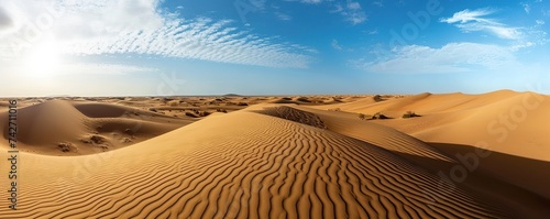 Charming panorama of the Sahara Desert during a clear day with views of the sand mountains.