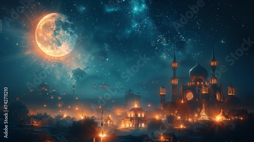 Fantasy landscape with mosque and moon in the sky. 3d rendering