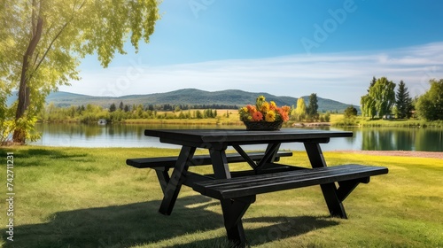 backyard black picnic table In photo