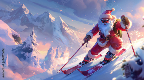 Santa Claus is skiing for fast Christmas delivery.